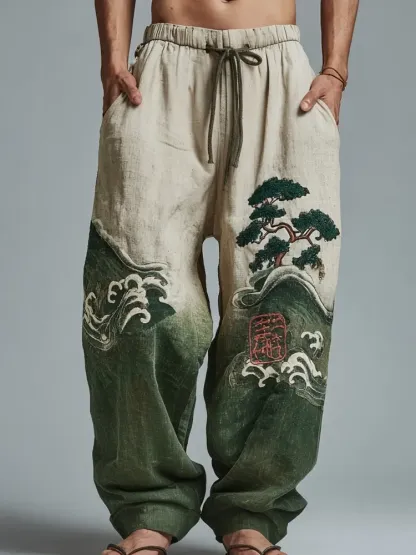 Men's Japanese Waves & Pine Tree Embroidered Linen Trousers - Green