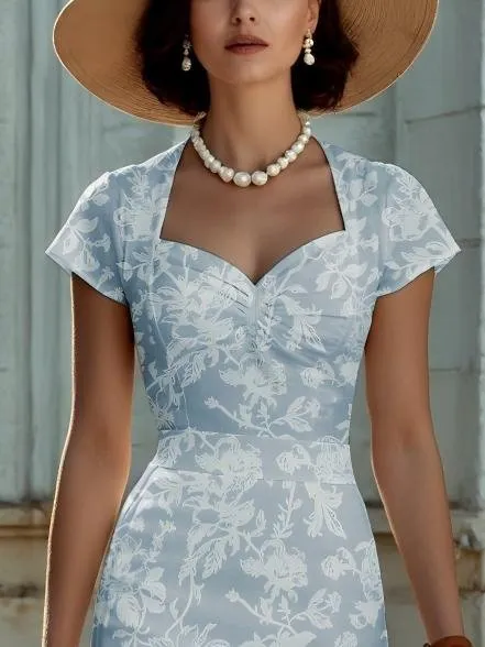 Midi Linen Dress, Short Sleeves, Sweetheart Neck, Floral, Ruffles, Vintage, Blue - Blue
