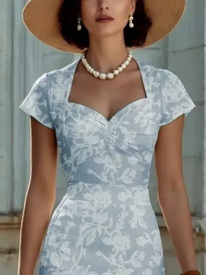 Midi Linen Dress, Short Sleeves, Sweetheart Neck, Floral, Ruffles, Vintage, Blue - Blue