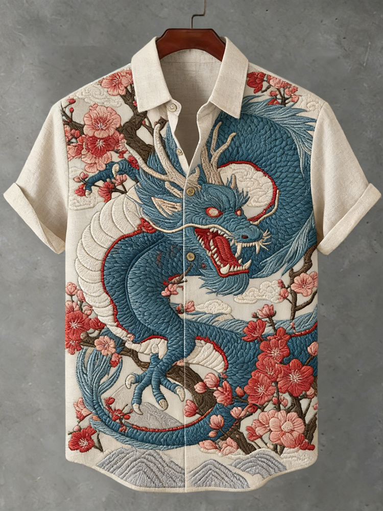 Men's Japanese-style Linen Short-sleeved Shirt With Dragon And Floral Patterns - Beige