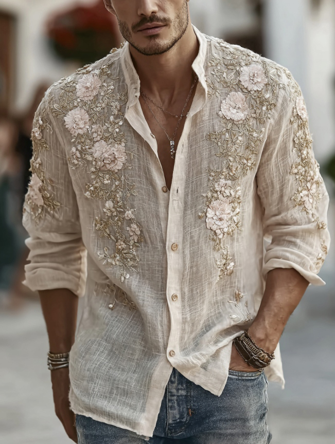 Men's Japanese-style Floral Art Casual Linen Shirt - Beige