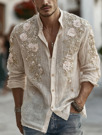 Men's Japanese-style Floral Art Casual Linen Shirt - Beige
