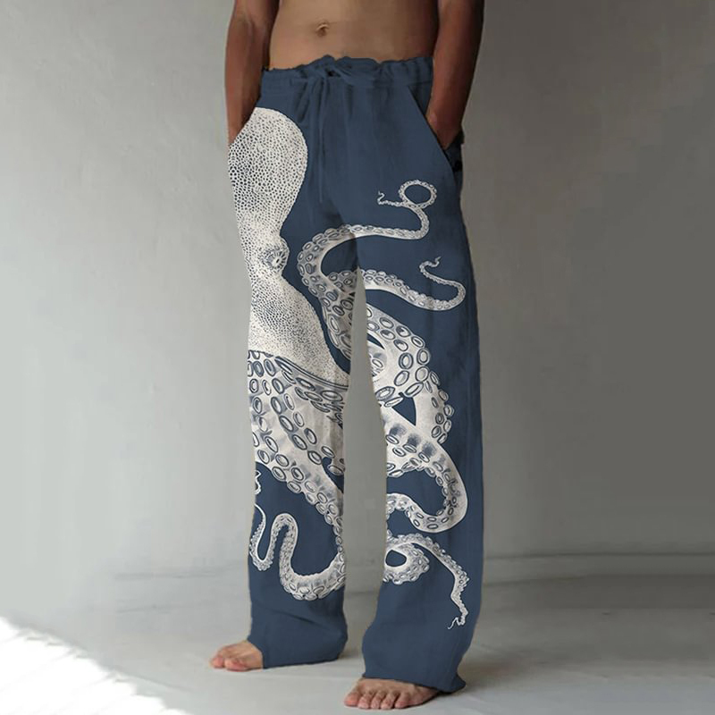 Japanese Art Octopus Graphic Printed Casual Pants - Beige