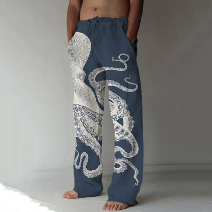 Japanese Art Octopus Graphic Printed Casual Pants - Beige