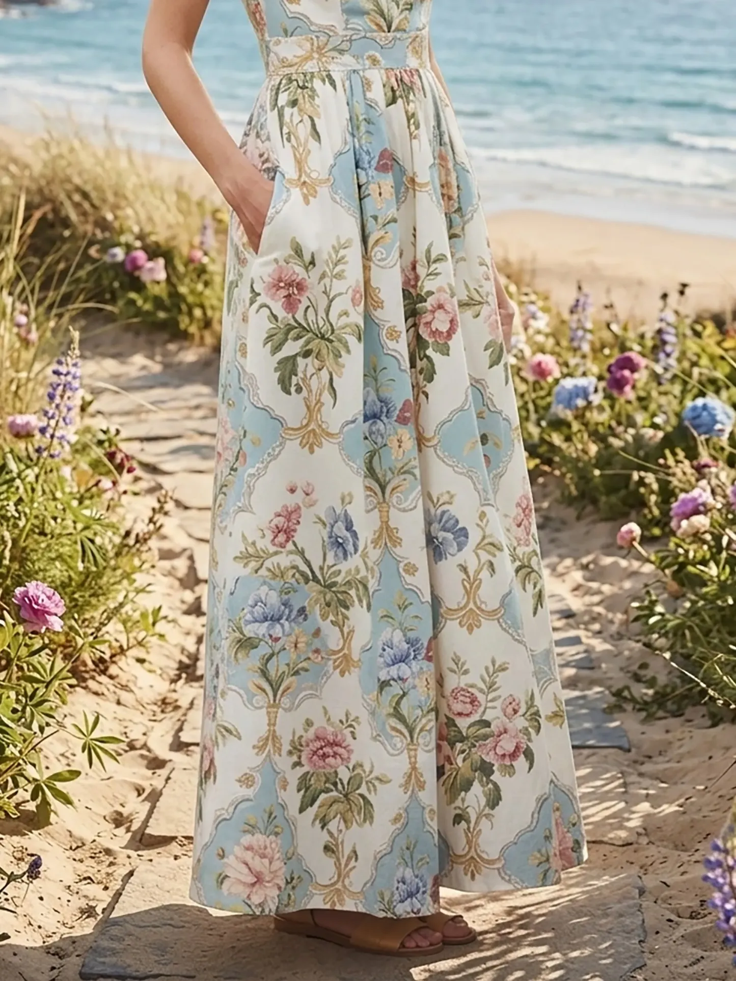 Maxi Linen Dress, Cap Sleeves, Lace Collar, Floral, Lace, Vacation, Vintage, White - White