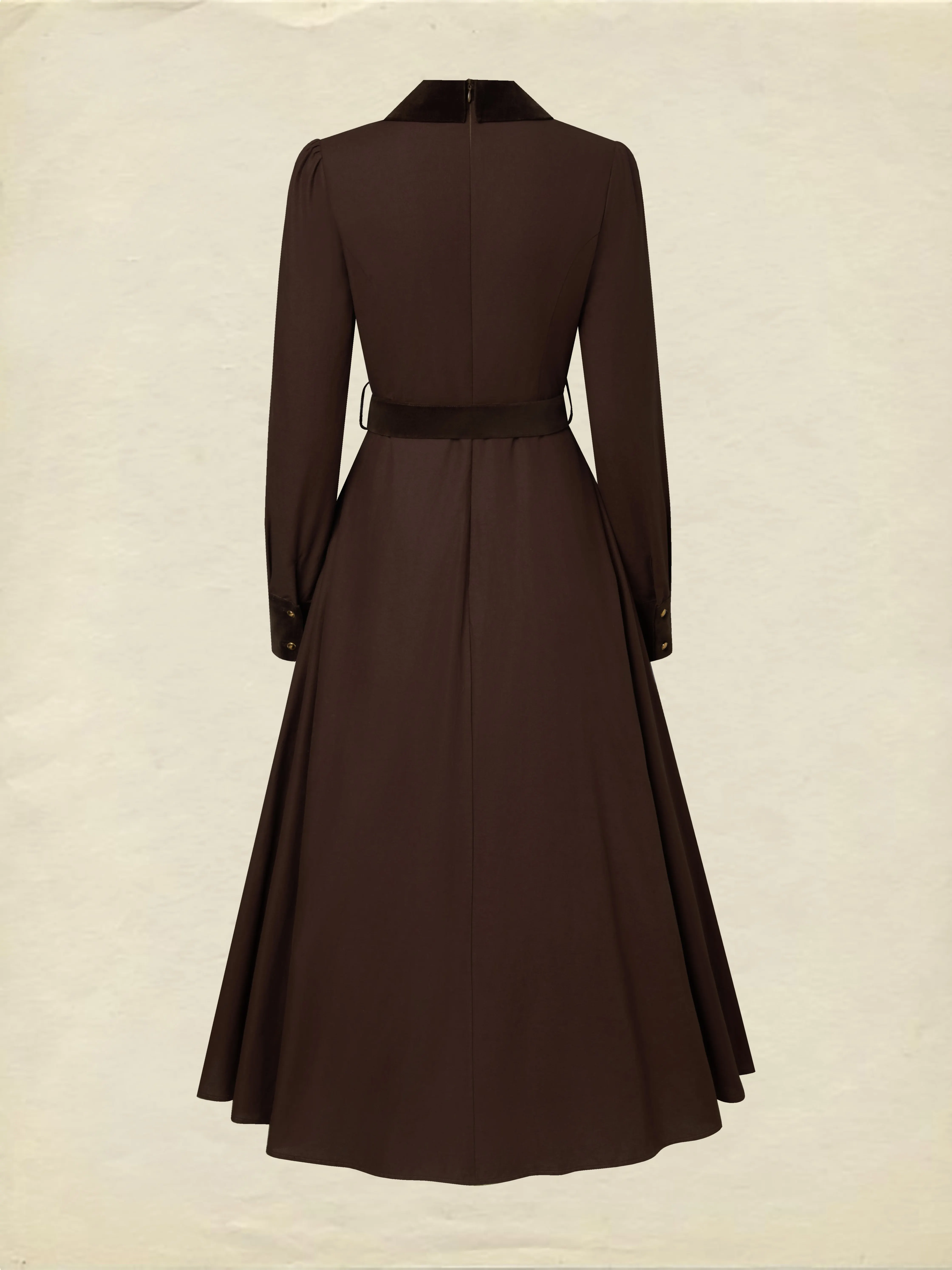 Midi Cotton Dress, Long Sleeves, Shawl Collar, Plain, Belt Design, Vintage, Coffee - Coffee