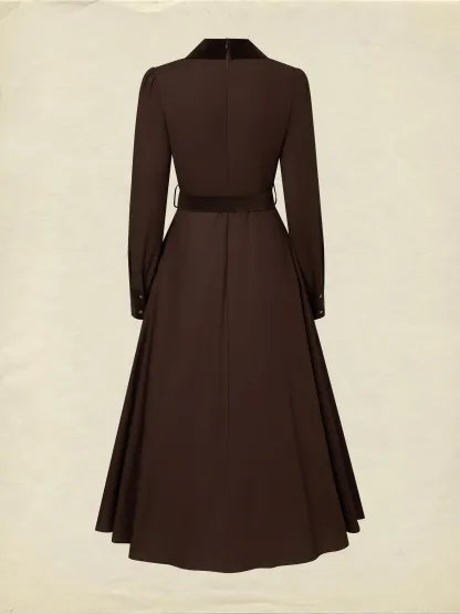 Midi Cotton Dress, Long Sleeves, Shawl Collar, Plain, Belt Design, Vintage, Coffee - Coffee