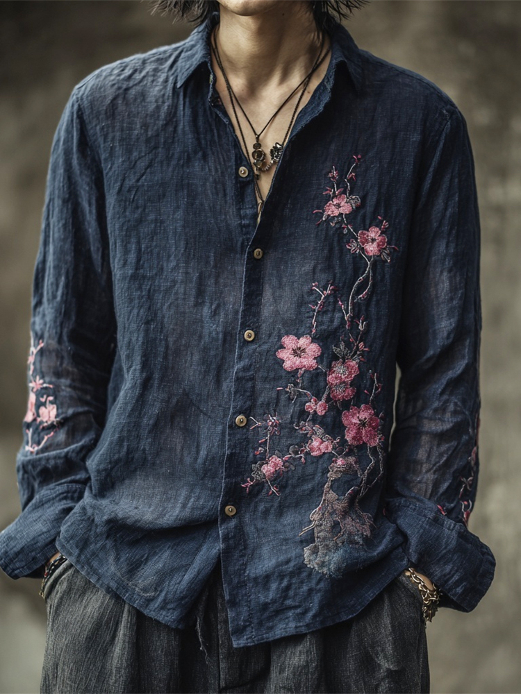 Vintage Japanese Sakura Embroidery Men's Linen Long Sleeve Shirt - Navy blue