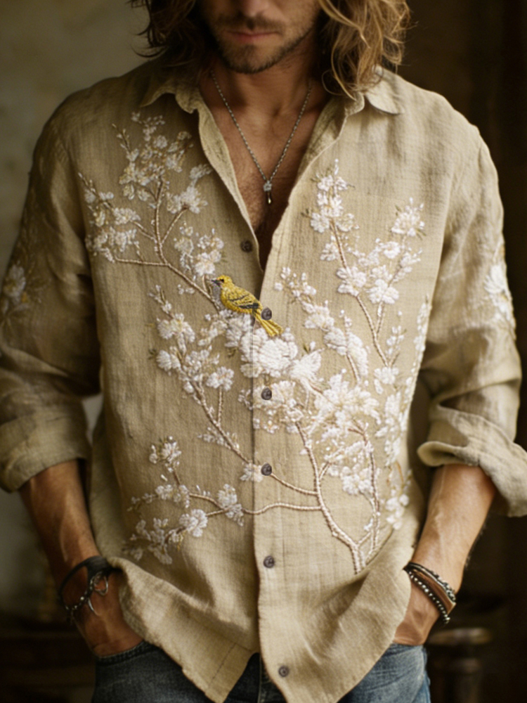 Men's Apricot Blossom With Bird Embroidery Painting Art Linen Shirt - Light khaki
