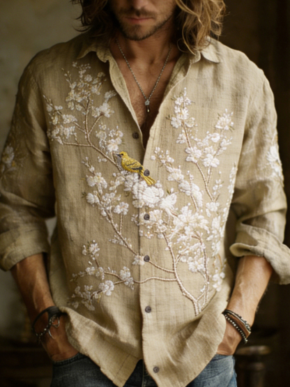 Men's Apricot Blossom With Bird Embroidery Painting Art Linen Shirt - Light khaki