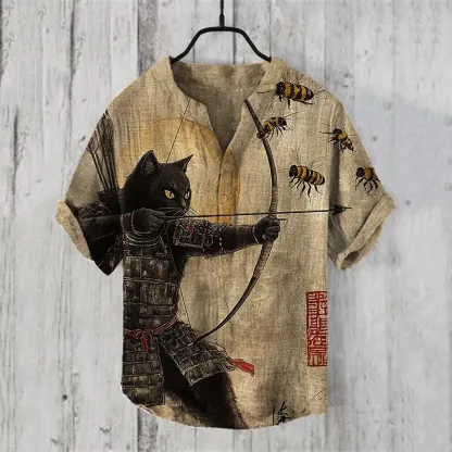 Men's Black Cat Tribal Warrior Japanese Kyudo V Neck Short Sleeve Shirt - Khaki