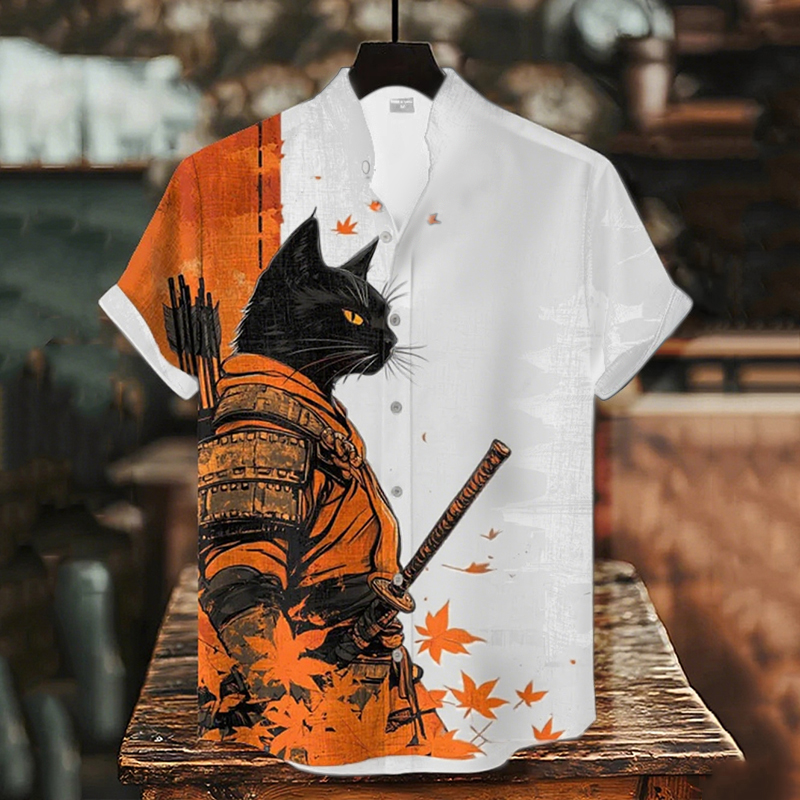 Men's Black Cat Warrior And Maple Leaf Temple Print Casual Shirt - Black