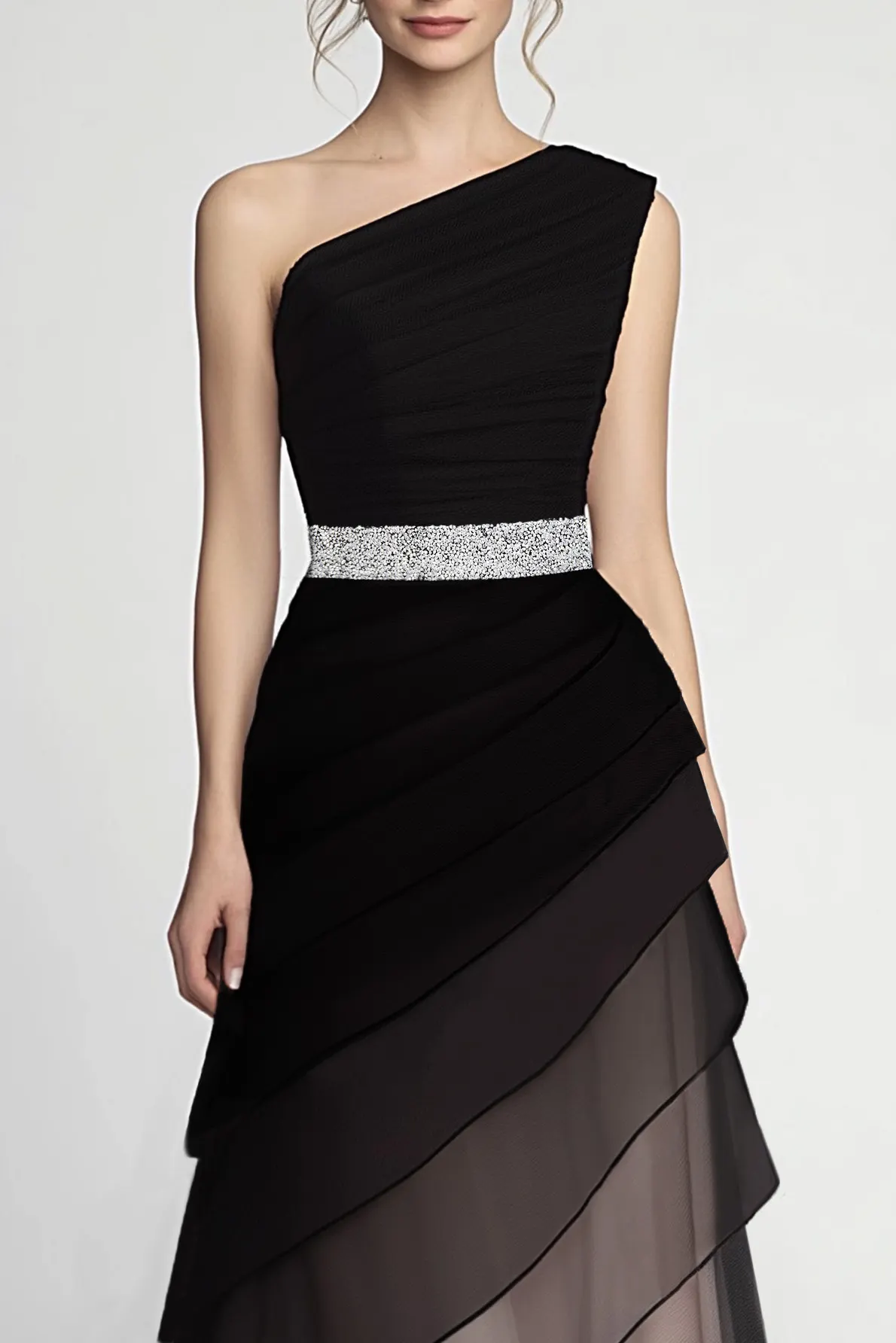 Formal Evening Dress Black One-Shoulder Multi-Layered Silver Belt Maxi Gown