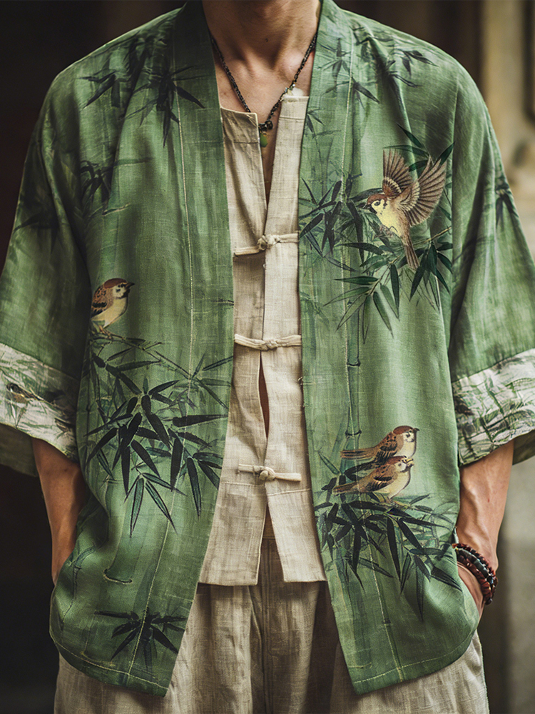 Men's Japanese Bamboo And Bird Art Pattern Linen Blend Kimono Cardigan - Green