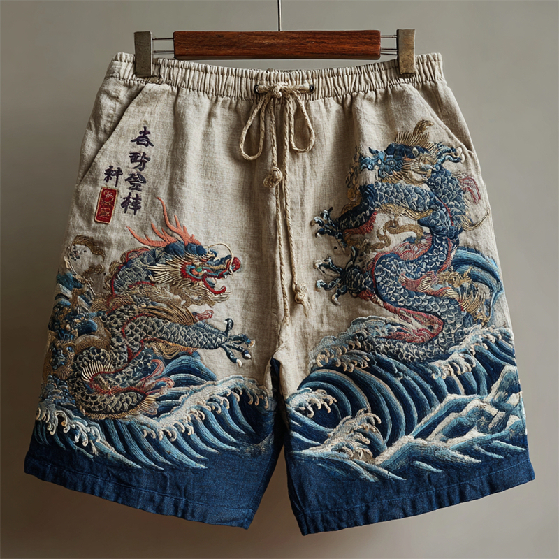 Japanese Dragons Sea Waves Embroidered Linen Shorts - Blue beige