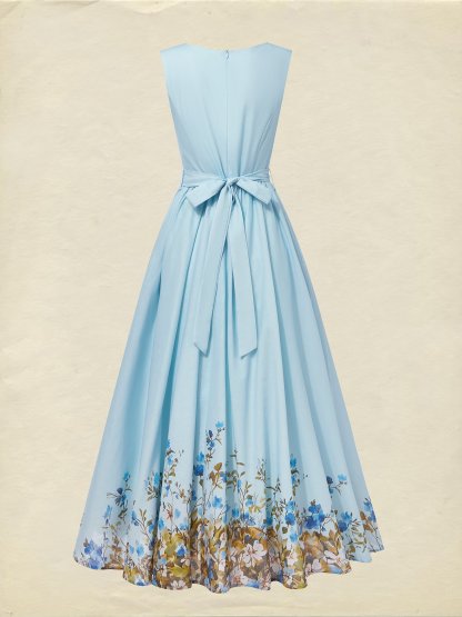 Maxi Linen Dress , Sleeveless, Round Neck, Floral, Button Design, French Vintage, Sky Blue - Sky Blue
