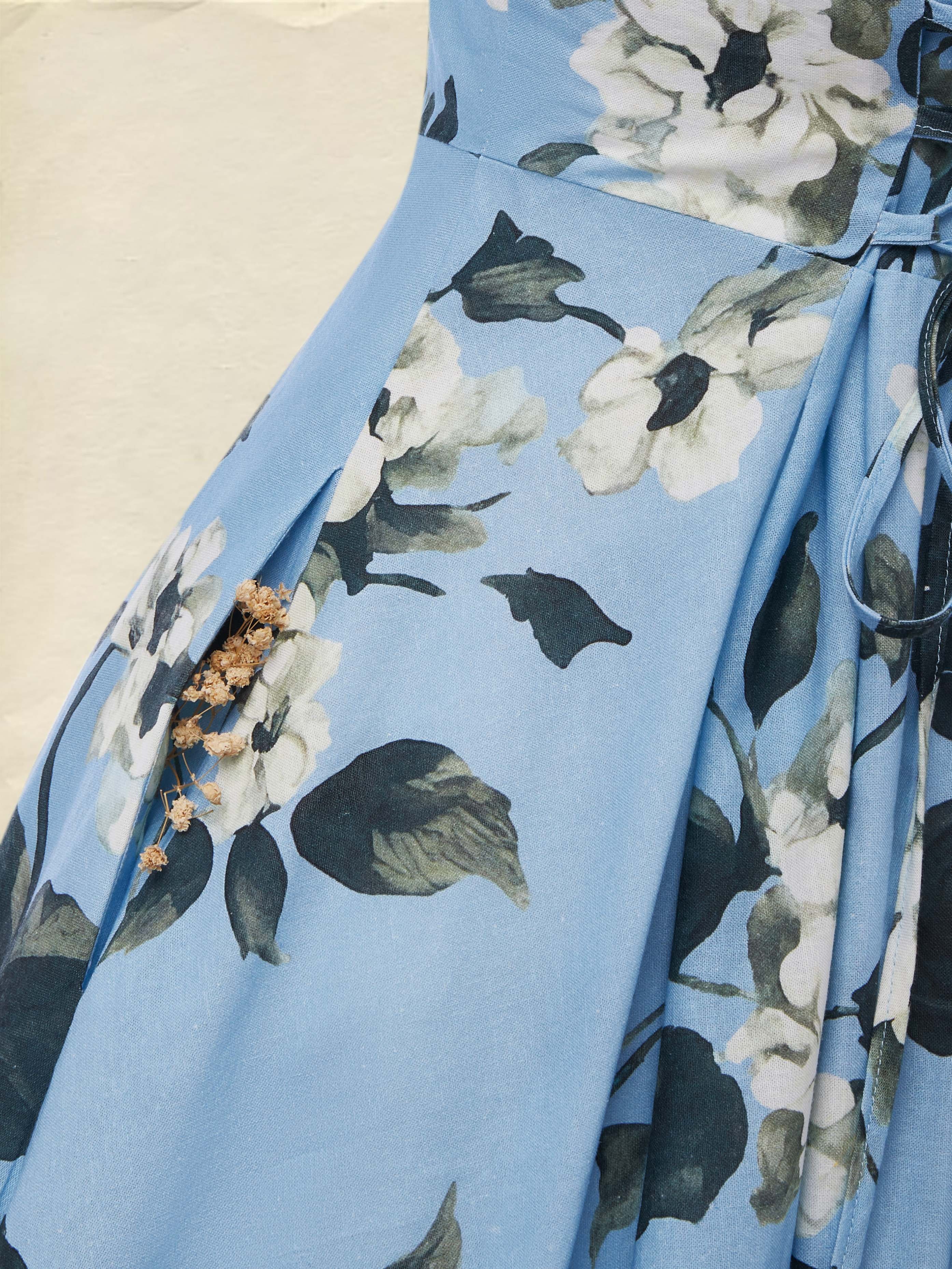 Maxi Linen Dress , Half Sleeve, Lapel Collar, Floral, Vacation, Vintage, Blue - Blue