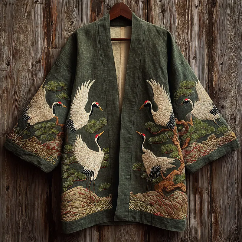 Japanese Cranes & Pine Trees Embroidered Linen Kimono Cardigan - Green