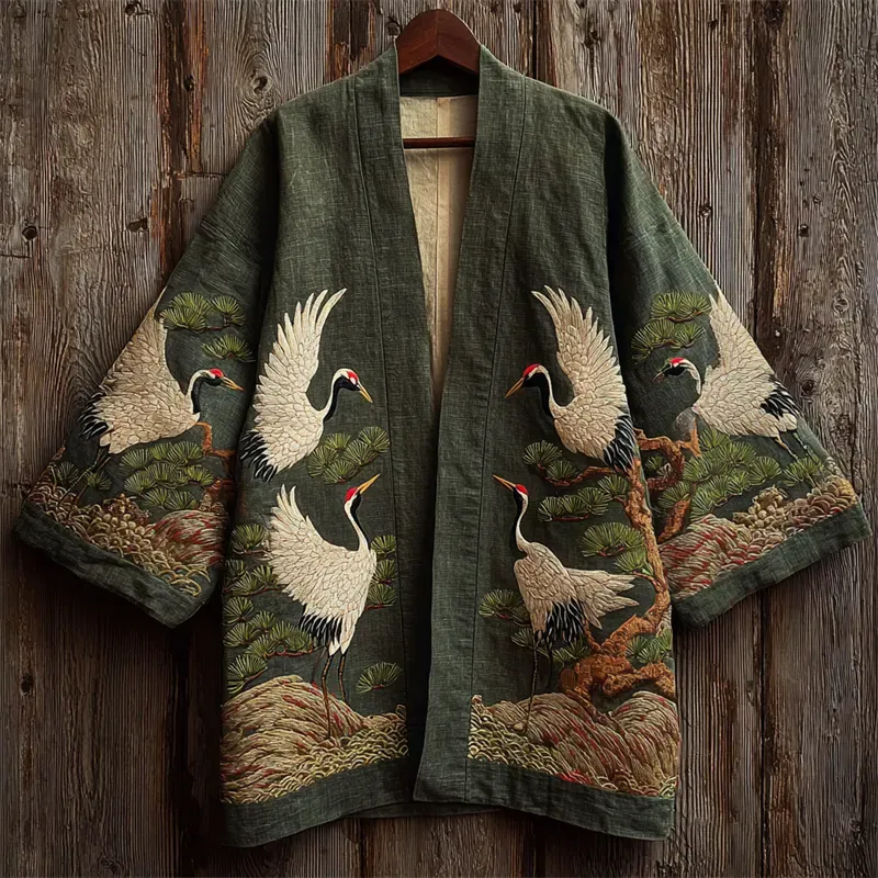 Japanese Cranes & Pine Trees Embroidered Linen Kimono Cardigan - Green