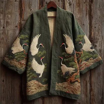 Japanese Cranes & Pine Trees Embroidered Linen Kimono Cardigan - Green