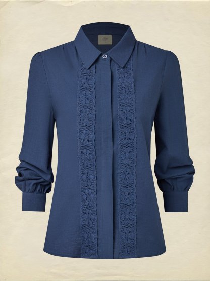Linen Shirt, Long Sleeves, Shawl Collar, Plain, Lace, Vintage, Blue - Blue