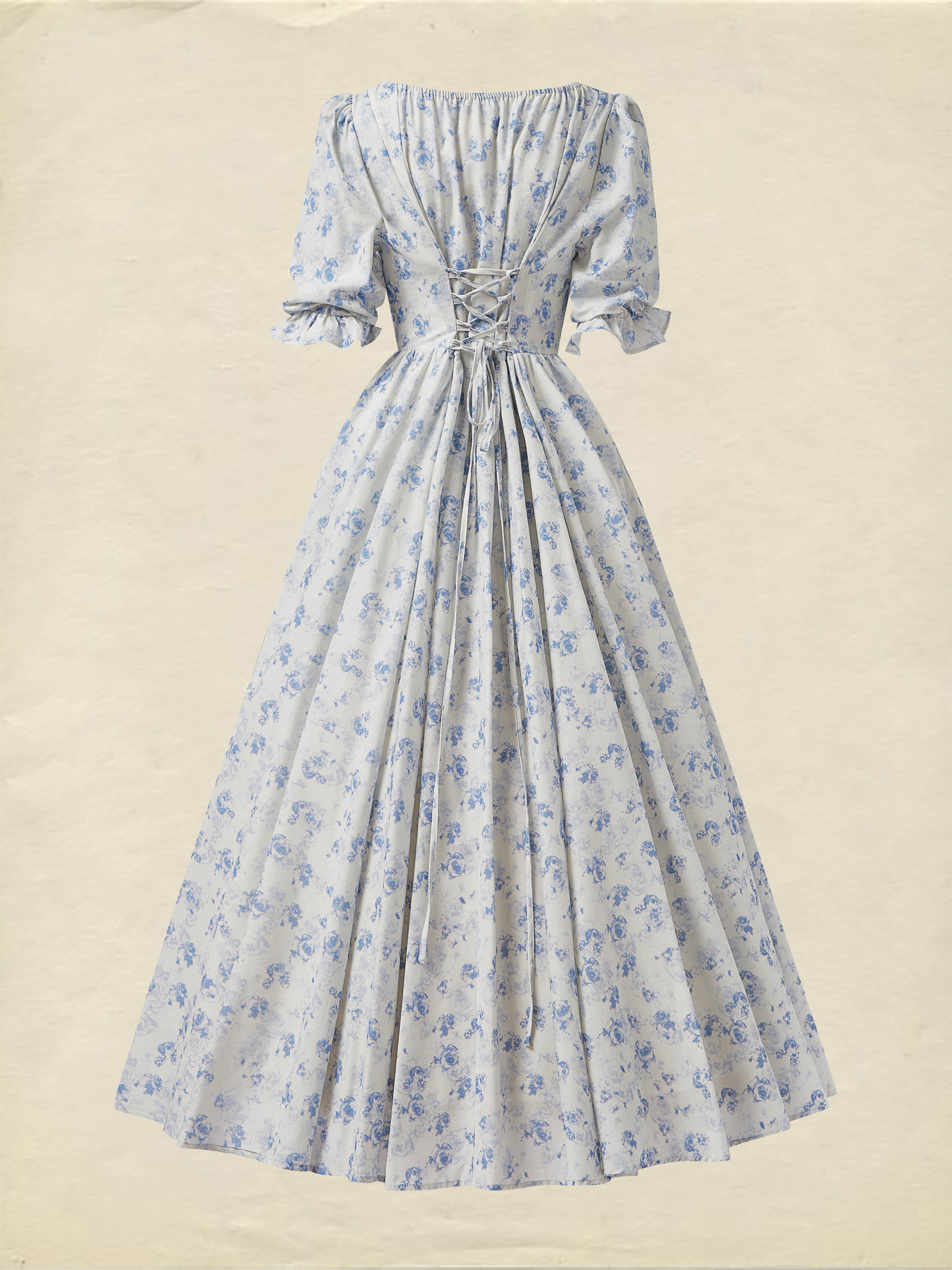Maxi Linen Dress, Half Sleeve, Square Neck, Cottagecore Dress, Linen Blend, Blue - Blue