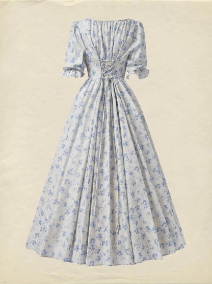 Maxi Linen Dress, Half Sleeve, Square Neck, Cottagecore Dress, Linen Blend, Blue - Blue