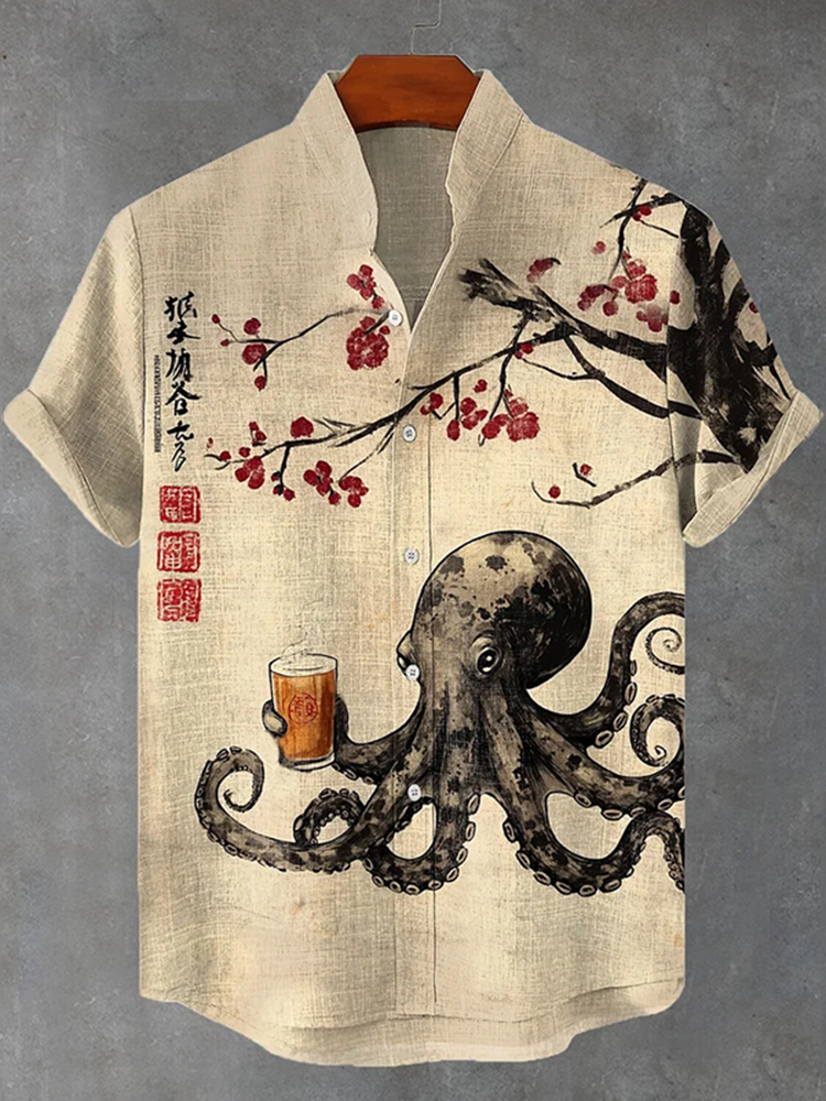 Men's Octopus Drinking Tea Under The Cherry Tree Art Print Casual Shirt - Beige