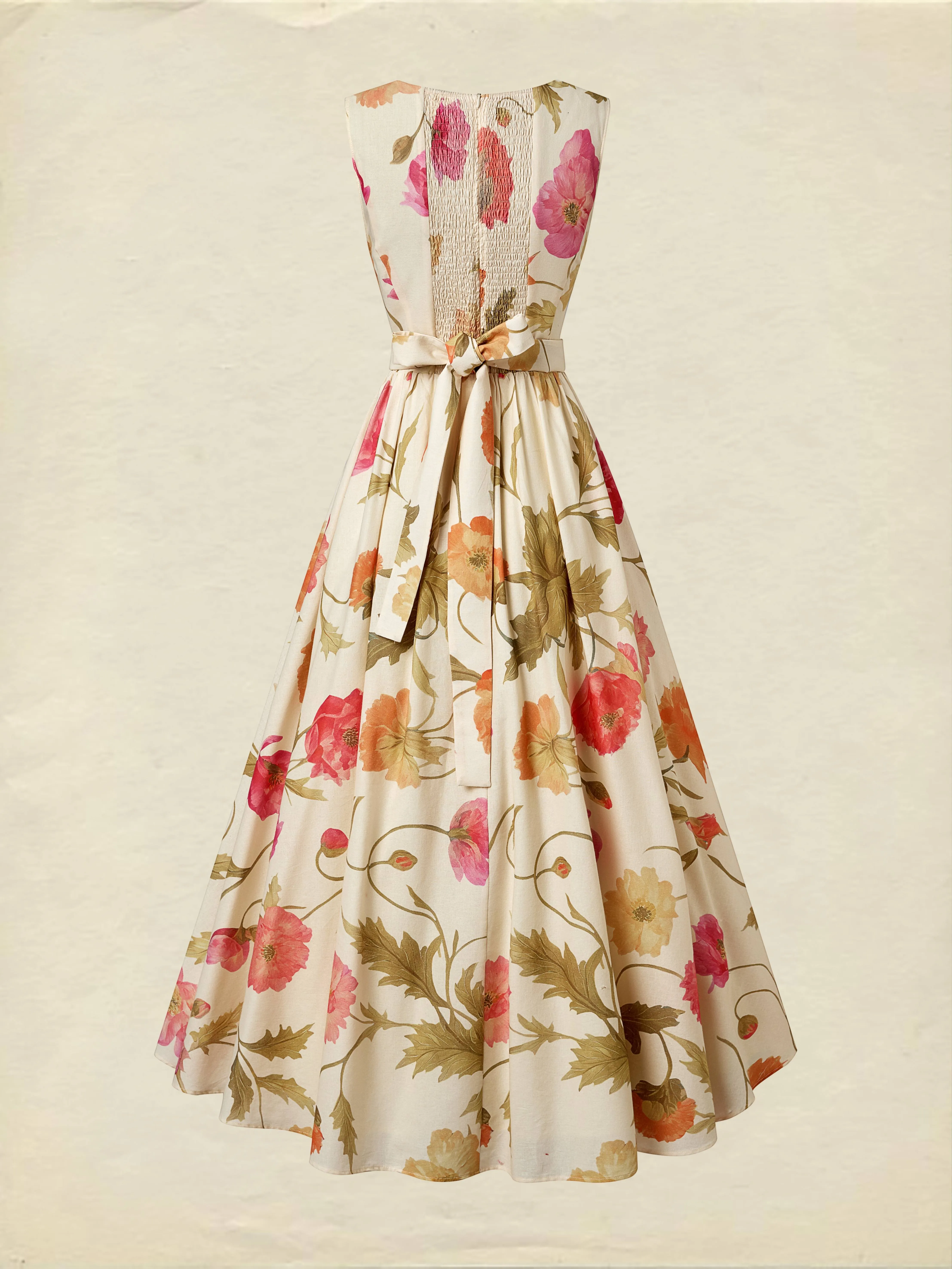 Maxi Cotton Dress, Sleeveless, V Neck, Floral, Belt Design, Vacation, Vintage, Apricot - Apricot