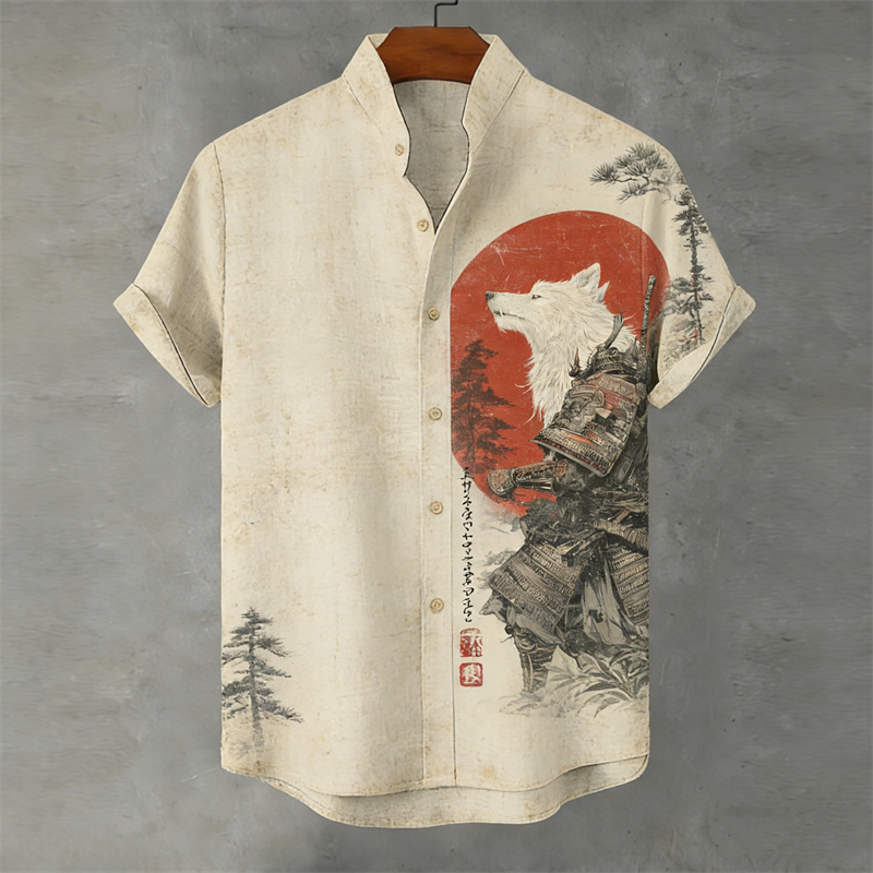 Japanese Wolf Samurai & Pine Trees Sunrise Linen Shirt - Beige
