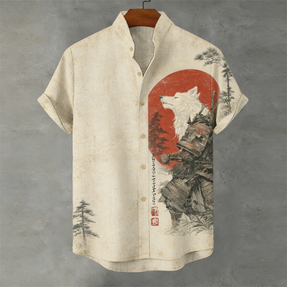 Japanese Wolf Samurai & Pine Trees Sunrise Linen Shirt - Beige