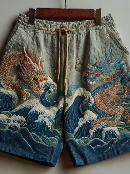 Japanese Dragons & Sea Waves Embroidered Linen Shorts - Blue