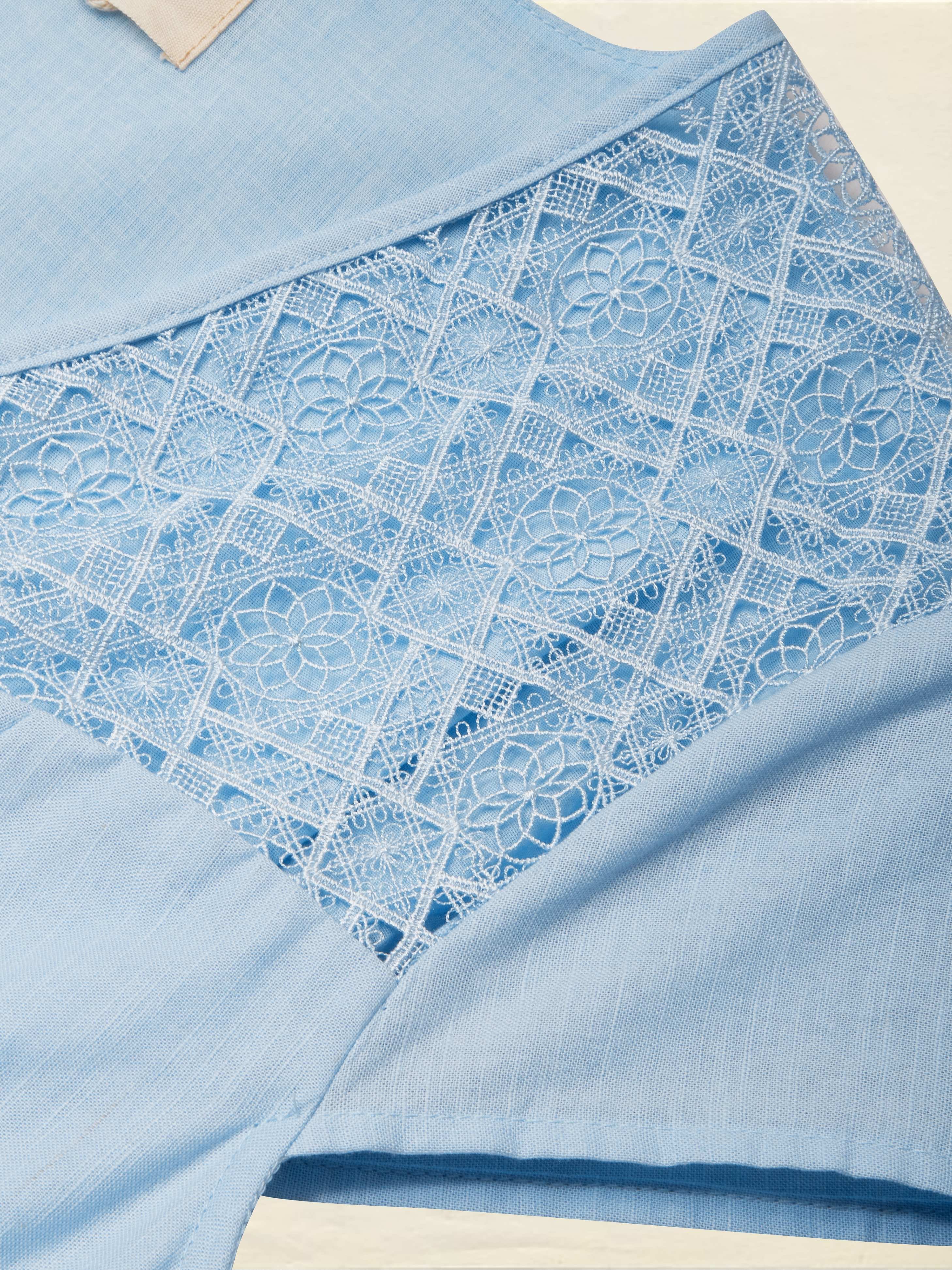 Midi Linen Dress, Short Sleeves, V Neck, Plain, Lace, French Vintage, Blue - Blue