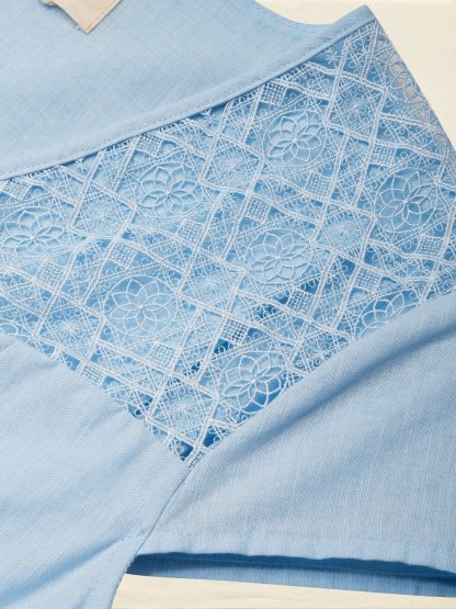 Midi Linen Dress, Short Sleeves, V Neck, Plain, Lace, French Vintage, Blue - Blue