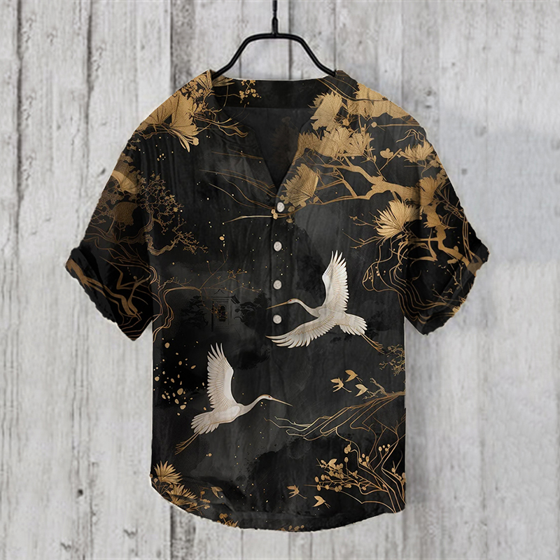 Japanese Crane Art Linen Blend Shirt - Black