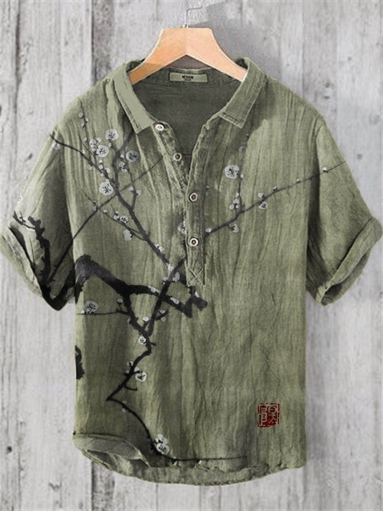 Plum Blossom Japanese Art Linen Blend Shirt - Coffee
