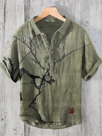 Plum Blossom Japanese Art Linen Blend Shirt - Coffee