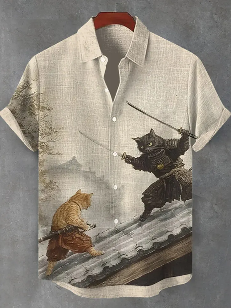 Men's Retro Cat Samurai Japanese Art Casual Short Sleeve Shirts - Beige