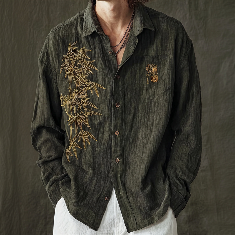 Men's Japanese Bamboo Golden Embroidered Linen Shirt - Black