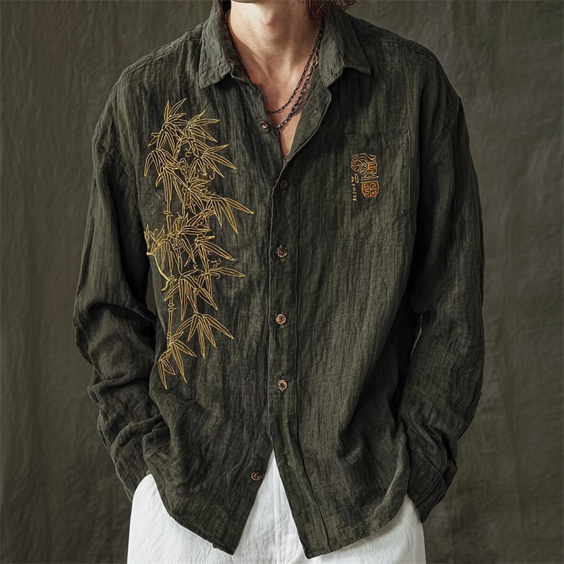 Men's Japanese Bamboo Golden Embroidered Linen Shirt - Black
