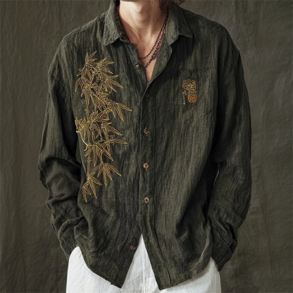 Men's Japanese Bamboo Golden Embroidered Linen Shirt - Black