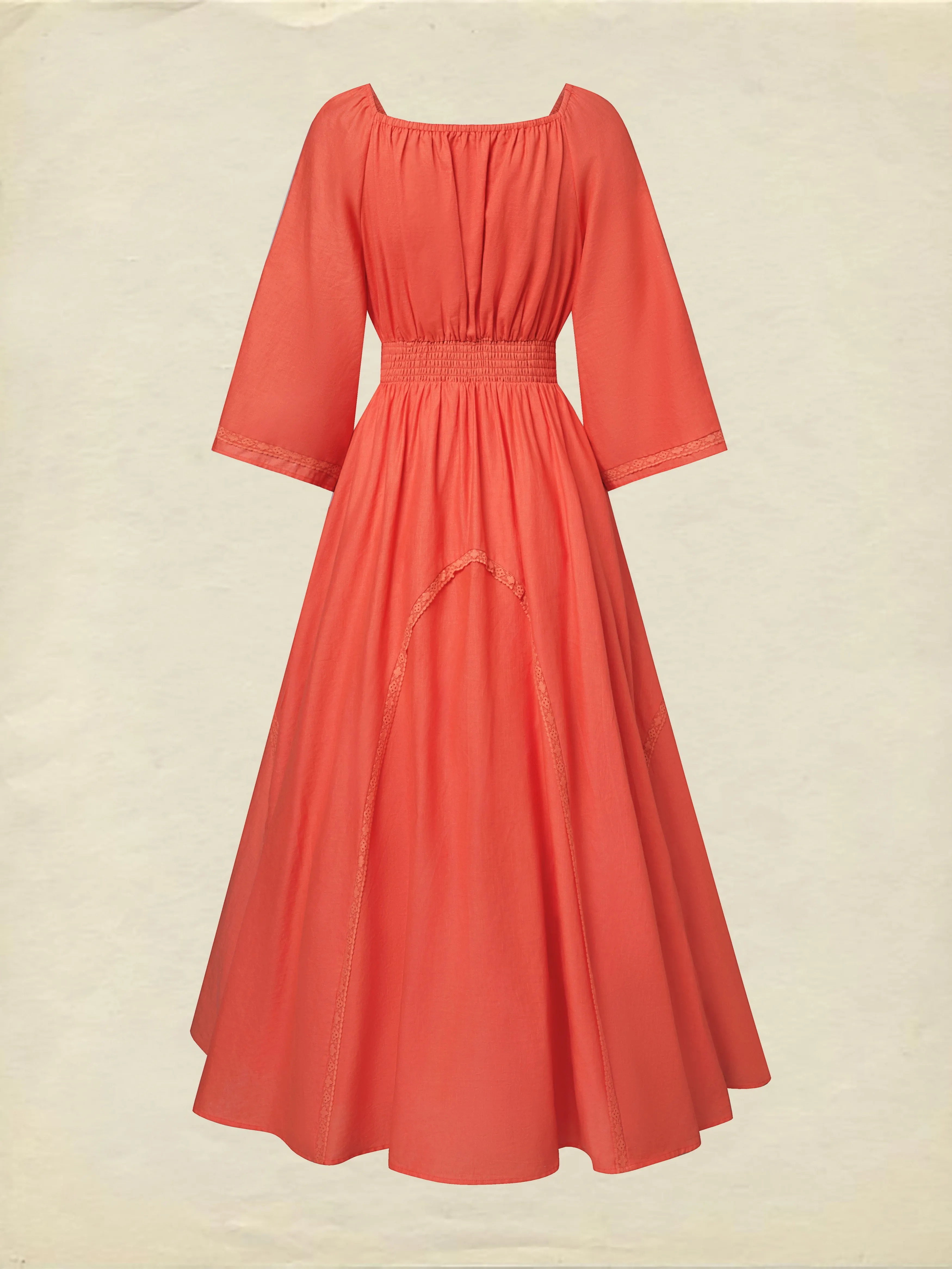 Maxi Cotton Dress, Half Sleeve, V Neck, Plain, Lace, Vacation, Vintage, Light Orange - Light Orange