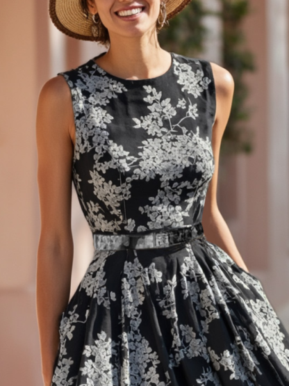 Maxi Linen Dress , Sleeveless, Round Neck, Floral, Belt Design, Vacation, Vintage, Blue - Blue