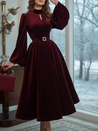 Midi Cotton Dress, Long Sleeves, Stand Collar, Plain, Vintage, Wine Red - Wine Red