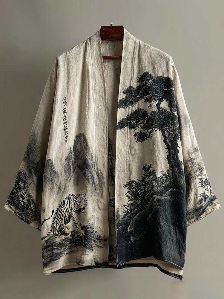 Retro Landscape Art And Tiger Pattern Casual Kimono Cardigan - Grey