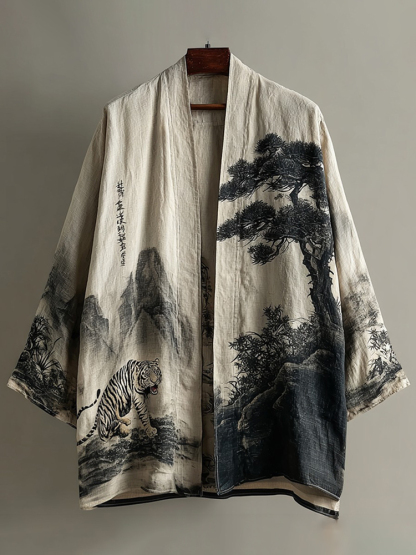 Retro Landscape Art And Tiger Pattern Casual Kimono Cardigan - Grey