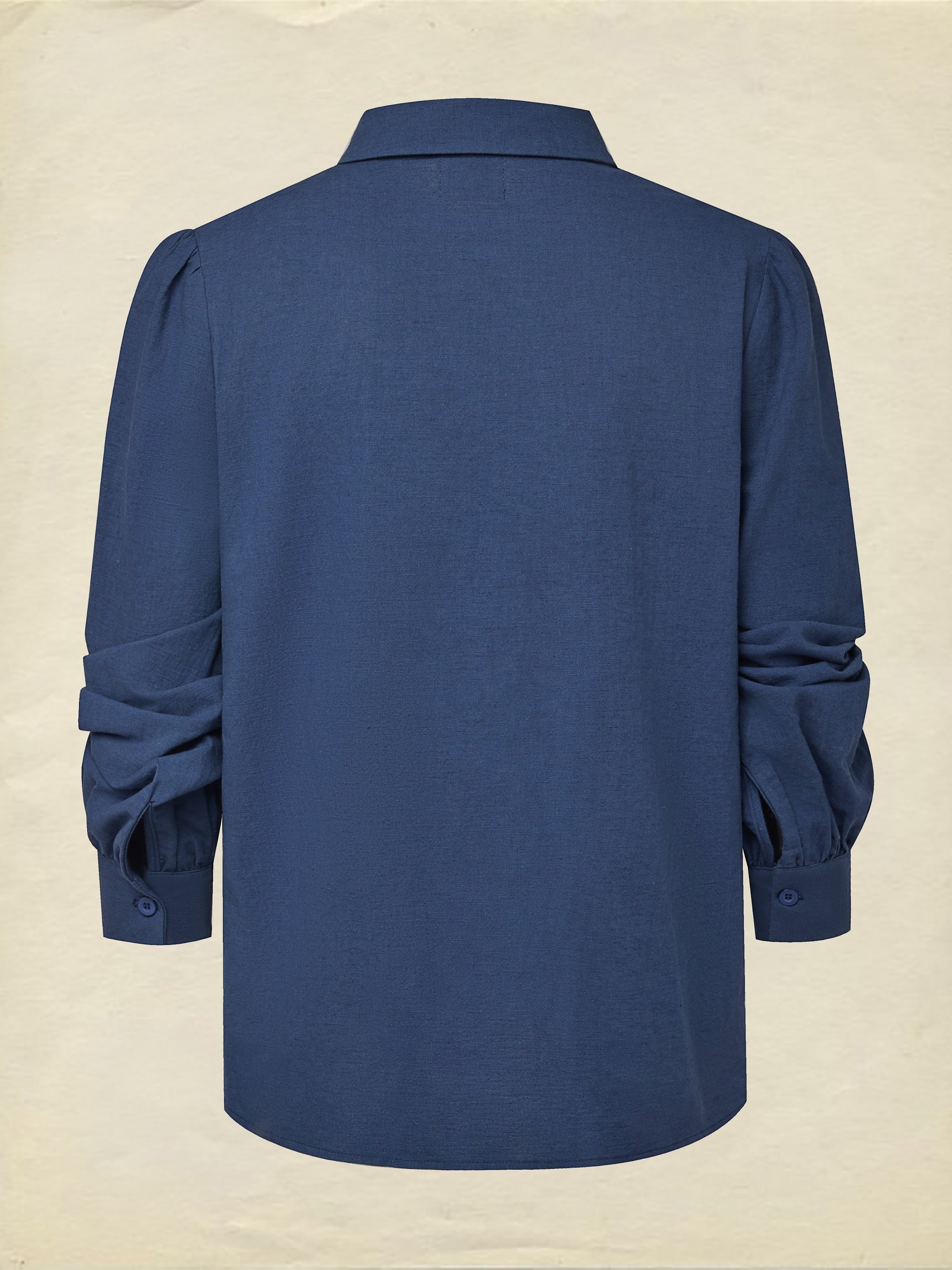 Linen Shirt, Long Sleeves, Shawl Collar, Plain, Lace, Vintage, Blue - Blue