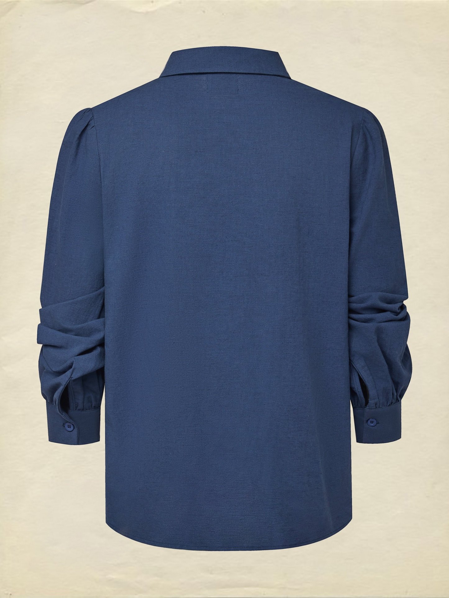 Linen Shirt, Long Sleeves, Shawl Collar, Plain, Lace, Vintage, Blue - Blue