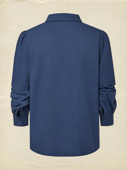 Linen Shirt, Long Sleeves, Shawl Collar, Plain, Lace, Vintage, Blue - Blue