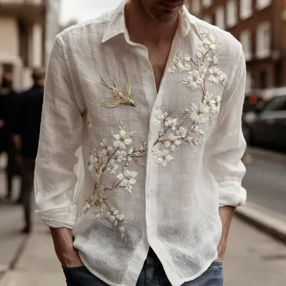 Men's Vintage Floral With Bird Embroidered Art Linen Blend Shirt - White